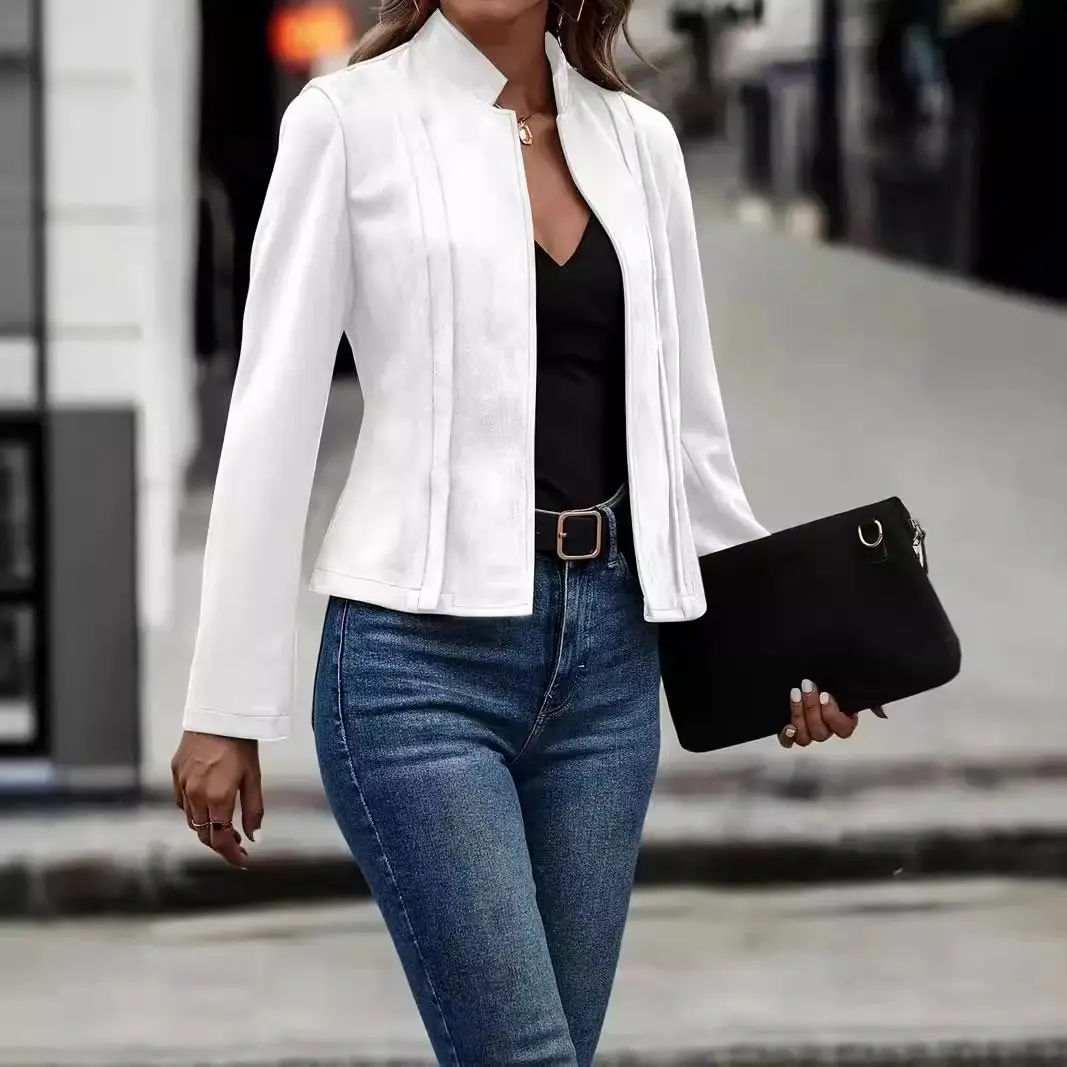 Women Jacket Long Sleeve Stand Collar American Retro Casual Autumn Winter Solid Slim Streetwear Short Coat for Women's 2025