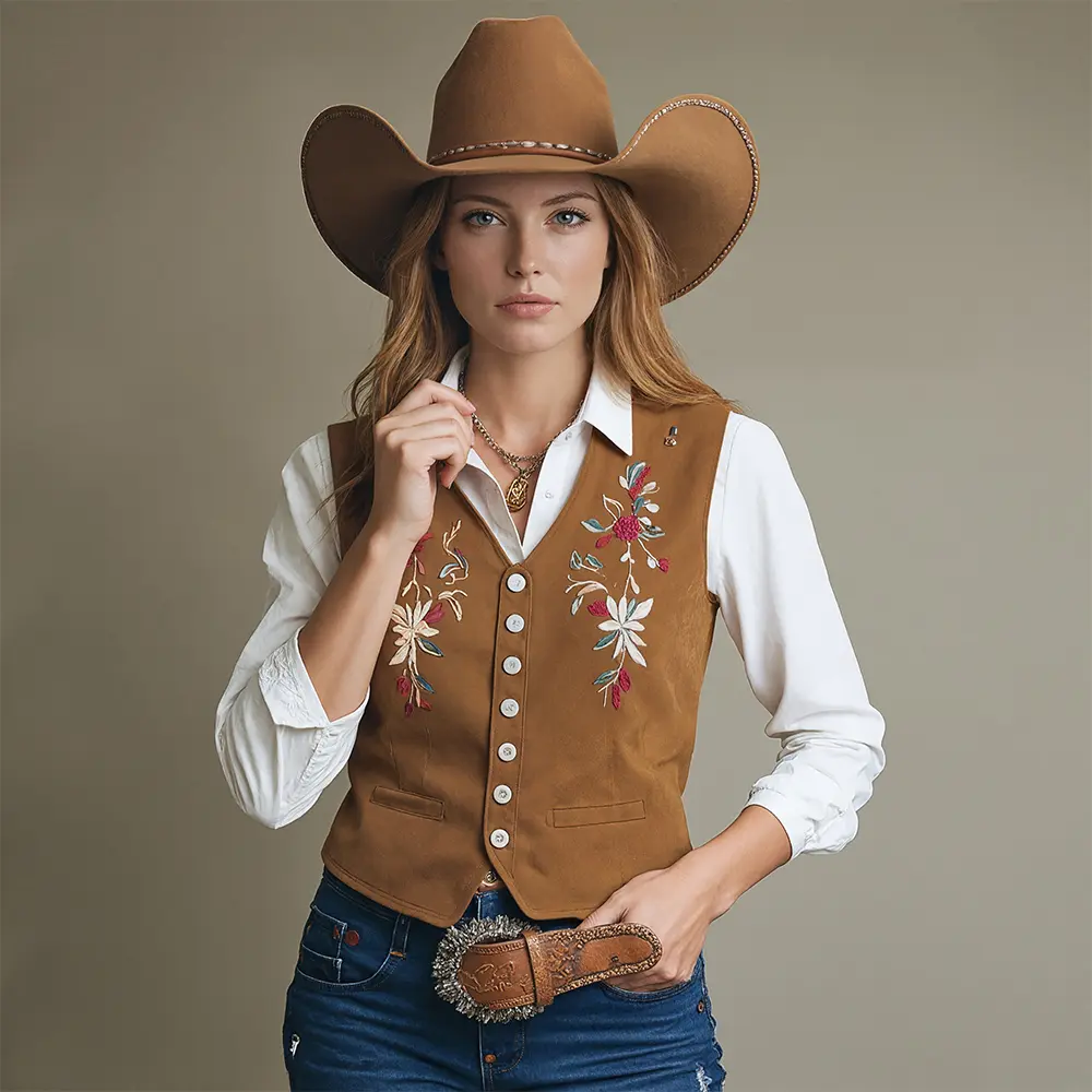 Western Suede Floral Embroidery V Neck Button Vest for Women Vintage Casual American Retro Sleeveless Tops 2025