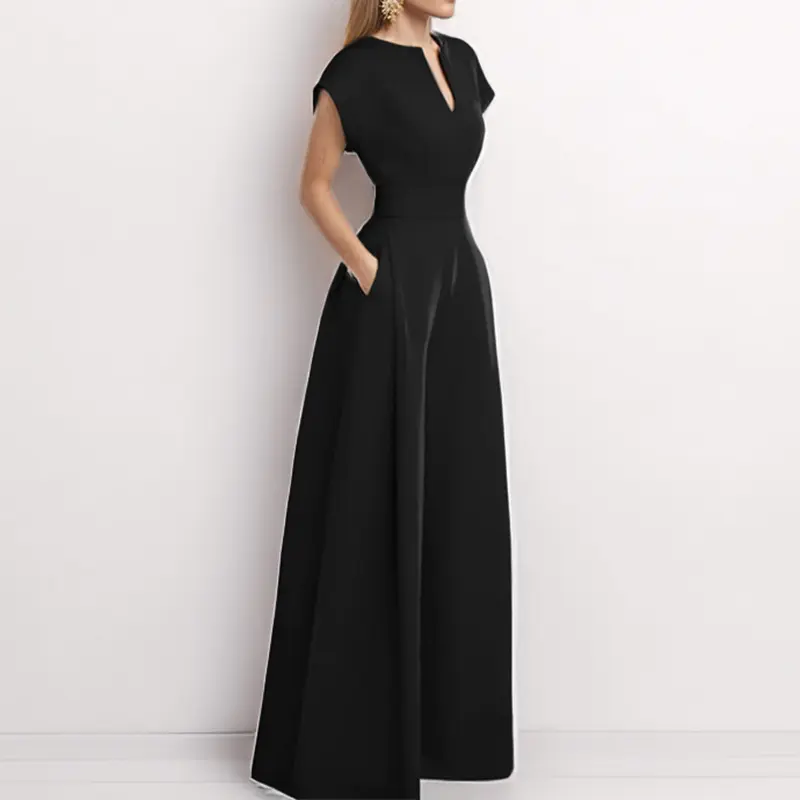 Women Elegant V-Neck Jumpsuit Short Sleeve Wide Leg Pant High Waist Solid Minimalist Casual Office Lady Pockets Rompers 2025