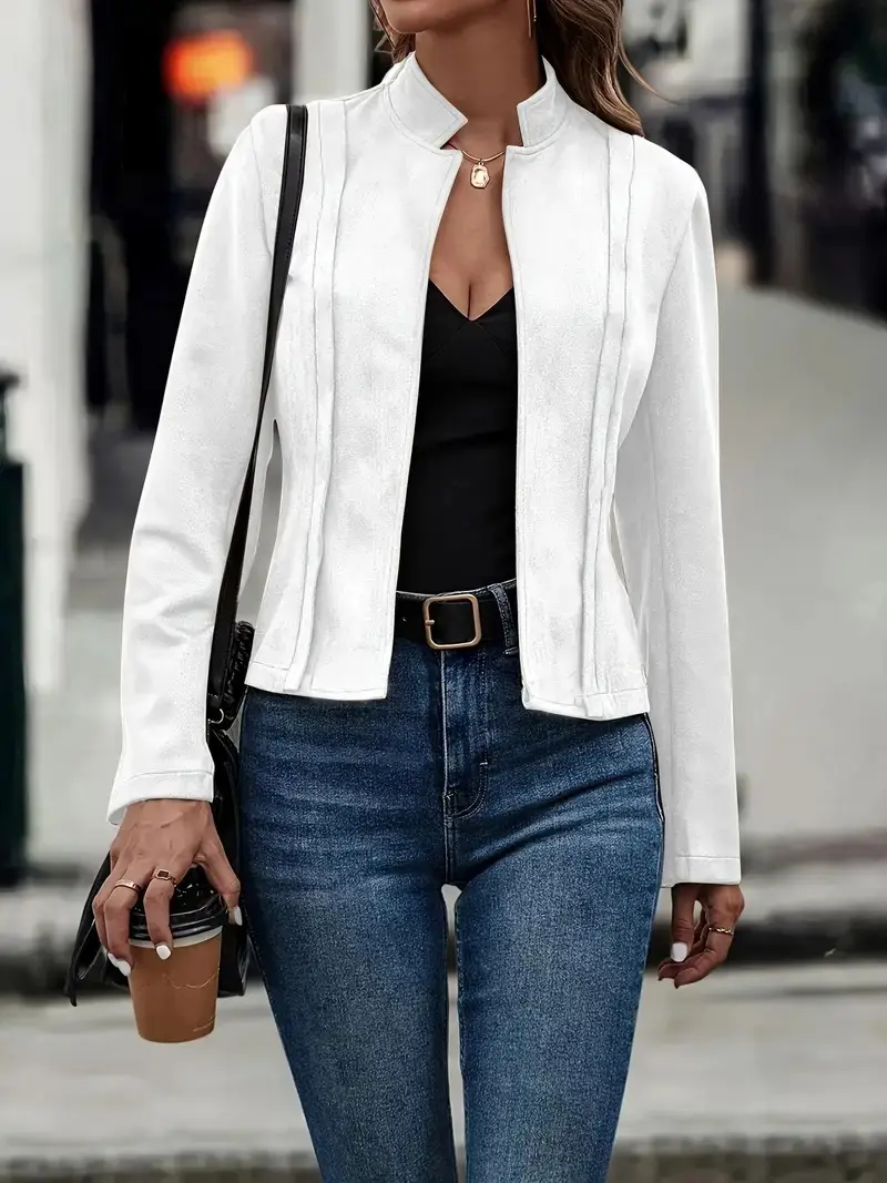 Women Jacket Long Sleeve Stand Collar American Retro Casual Autumn Winter Solid Slim Streetwear Short Coat for Women's 2025