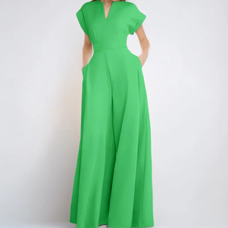 Women Elegant V-Neck Jumpsuit Short Sleeve Wide Leg Pant High Waist Solid Minimalist Casual Office Lady Pockets Rompers 2025