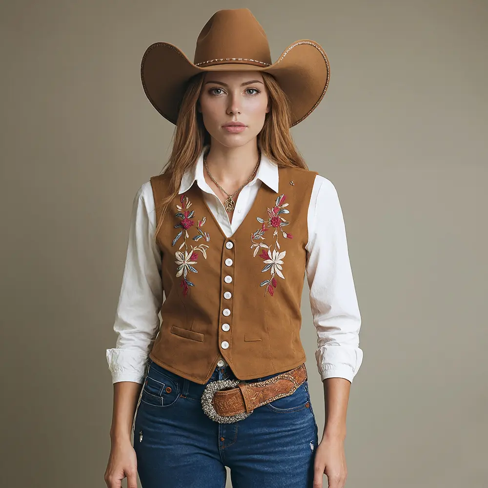 Western Suede Floral Embroidery V Neck Button Vest for Women Vintage Casual American Retro Sleeveless Tops 2025