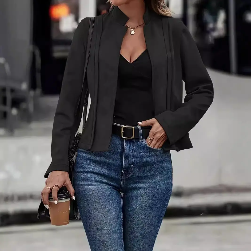 Women Jacket Long Sleeve Stand Collar American Retro Casual Autumn Winter Solid Slim Streetwear Short Coat for Women's 2025