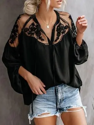 Sexy Women Lace Blouse Chiffon V-neck White Lace-up See Through Lantern Sleeve Elegant Chic Office Lady Long Sleeve Shirt Tops