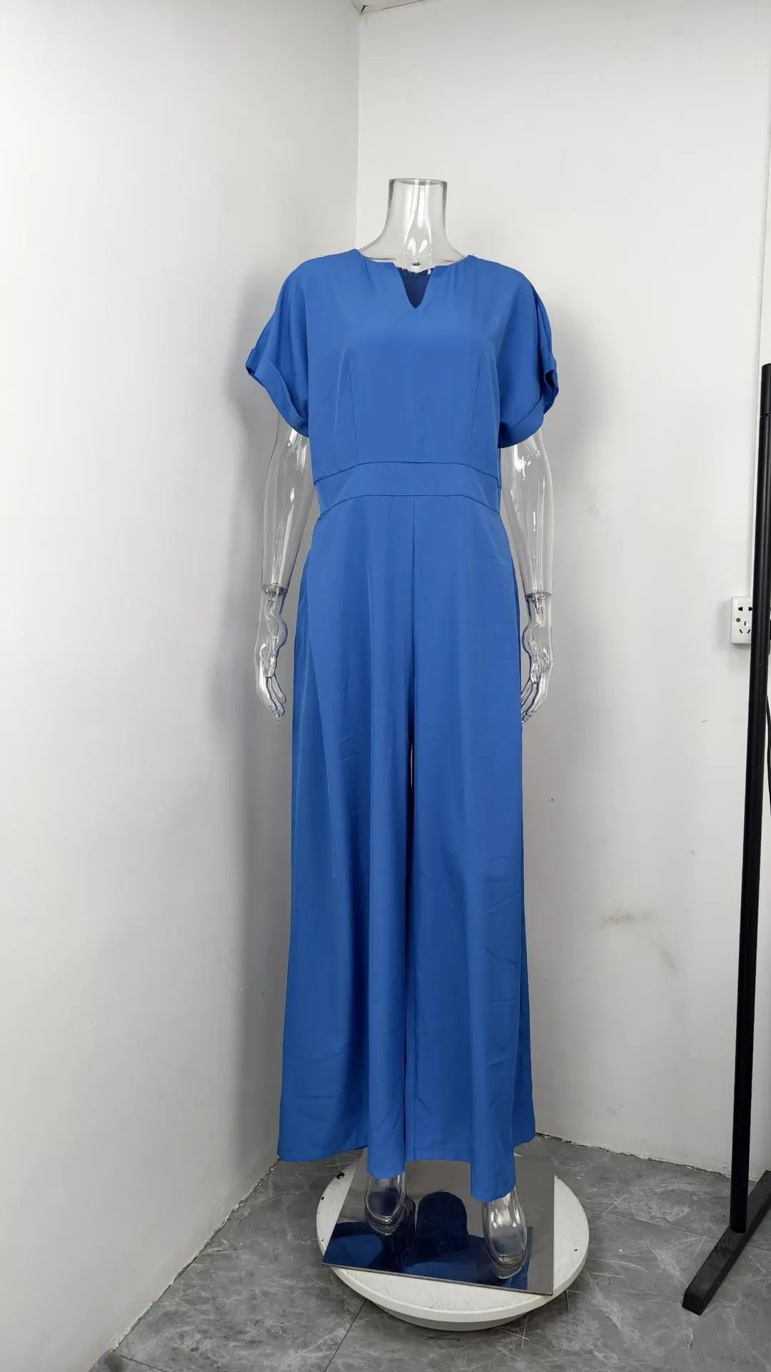 Women Elegant V-Neck Jumpsuit Short Sleeve Wide Leg Pant High Waist Solid Minimalist Casual Office Lady Pockets Rompers 2025
