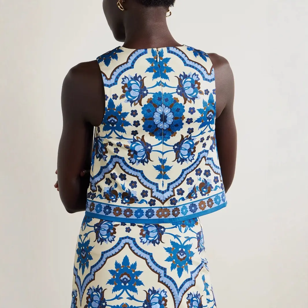 Women Blue Floral Printed Two Piece Skirt Set Round Neck Tanl Tops and A-line Mini Skirt Elegant Matching Set for Summer