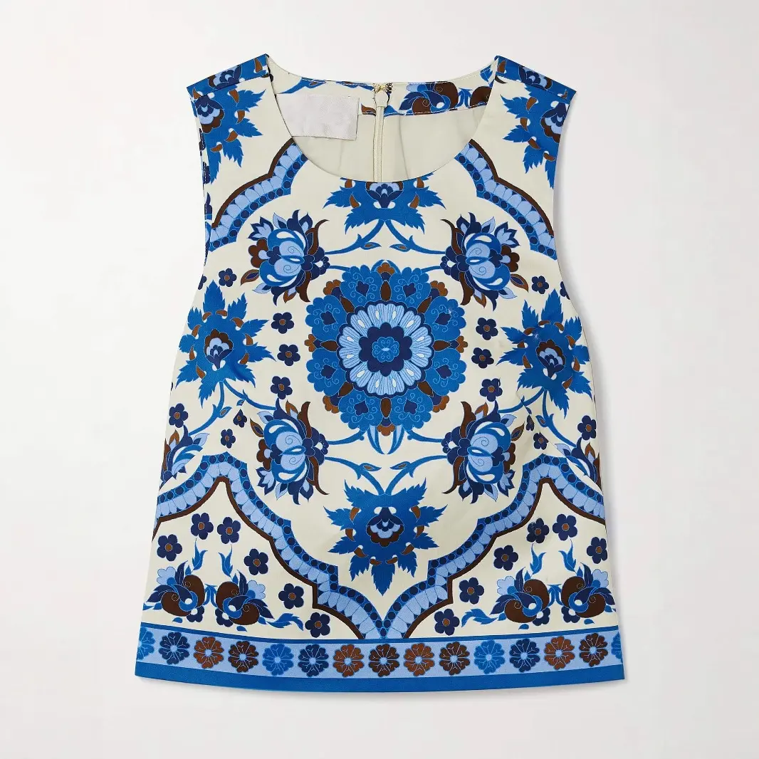 Women Blue Floral Printed Two Piece Skirt Set Round Neck Tanl Tops and A-line Mini Skirt Elegant Matching Set for Summer
