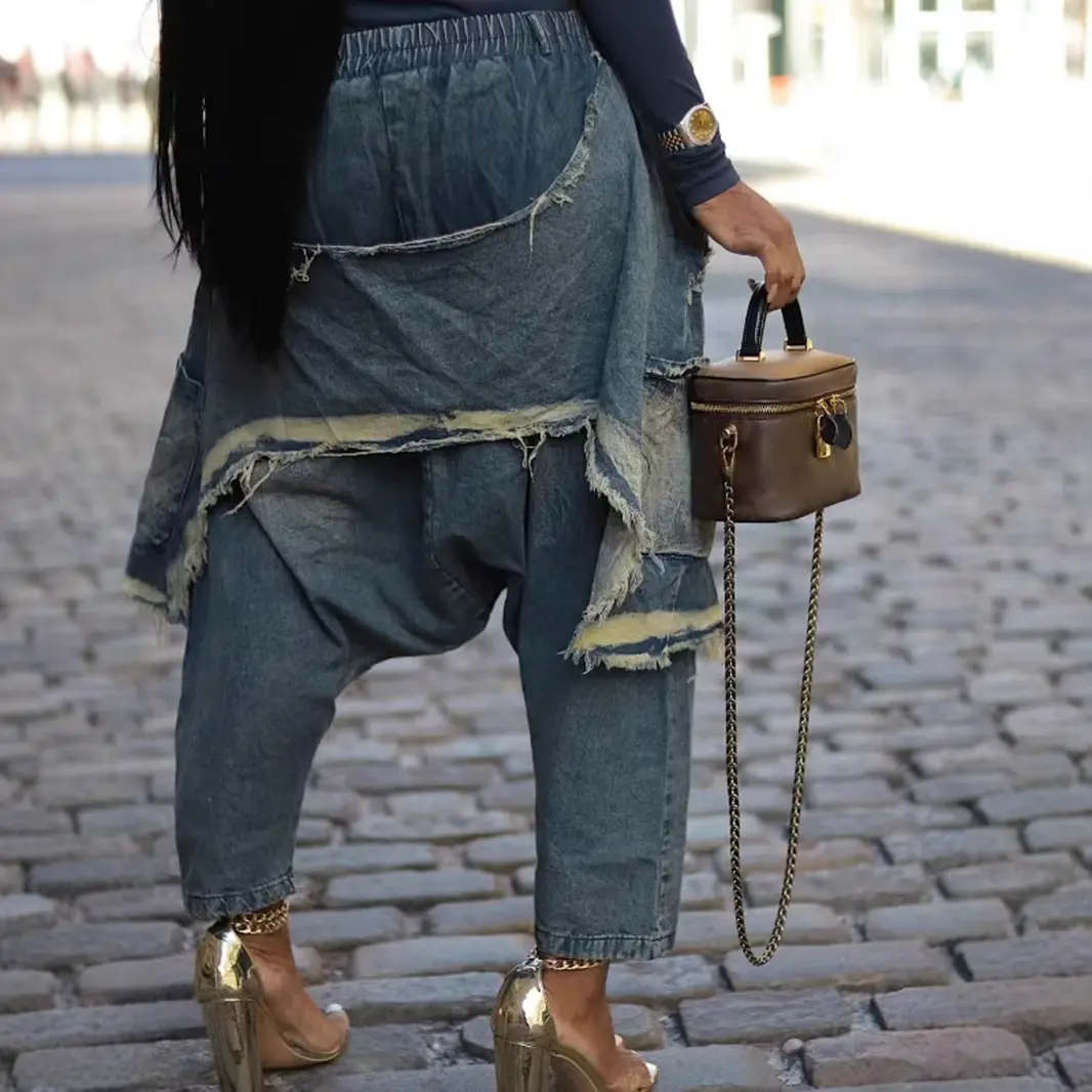Women Harem Jeans with Brushed Holes High Street Pockets Denim Trousers Vintage Casual Elastic Waist Jeans for Women's