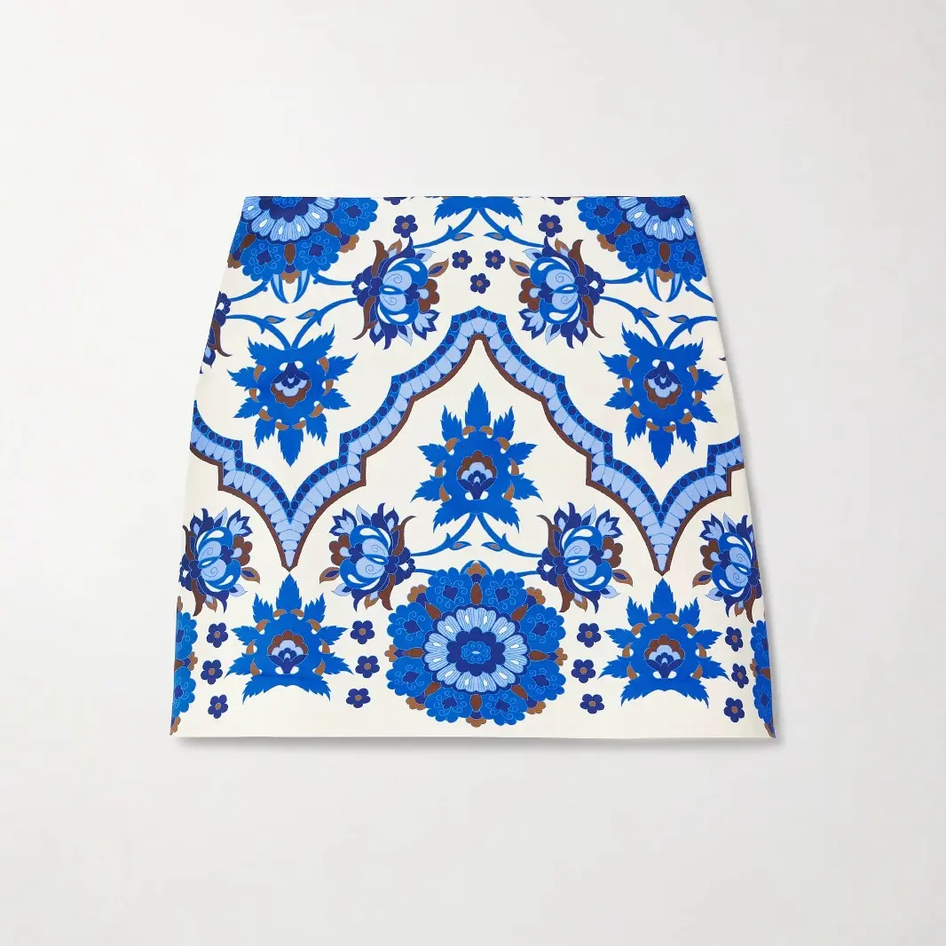 Women Blue Floral Printed Two Piece Skirt Set Round Neck Tanl Tops and A-line Mini Skirt Elegant Matching Set for Summer