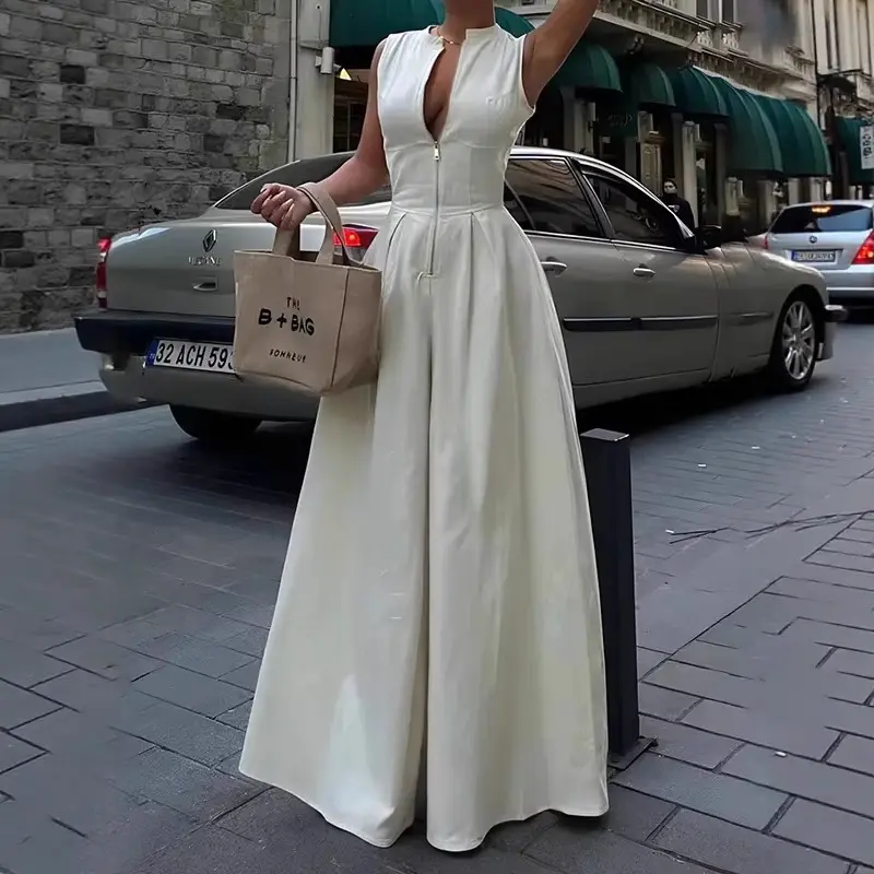 Women Sexy Zipper Fly Jumpsuit Sleeveless High Waist Wide Leg Casual Streetwear Vintage Solid Minimalist Summer Romper Outfits