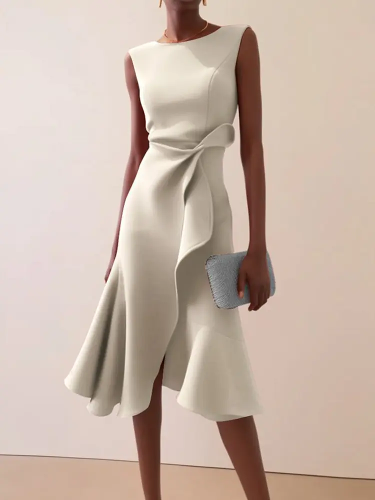 Elegant Evening Dress for Women Sleeveless Ruffle Hem Bowknot Split Solid Casual Round Neck Vintage Slim Female Summer Dresses