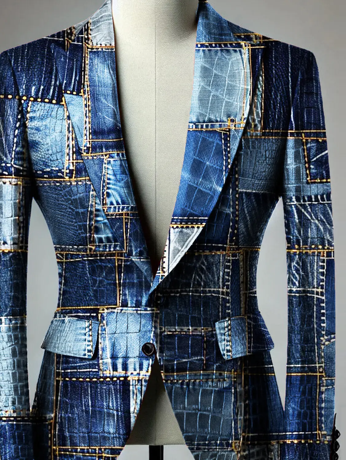 Women's Jacket Denim Print Peaked Lapel Collar Two Button Blazer Office Lady Long Sleeve Vintage Casual Outerwear for Autumn
