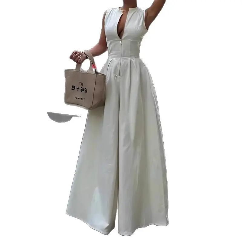 Women Sexy Zipper Fly Jumpsuit Sleeveless High Waist Wide Leg Casual Streetwear Vintage Solid Minimalist Summer Romper Outfits