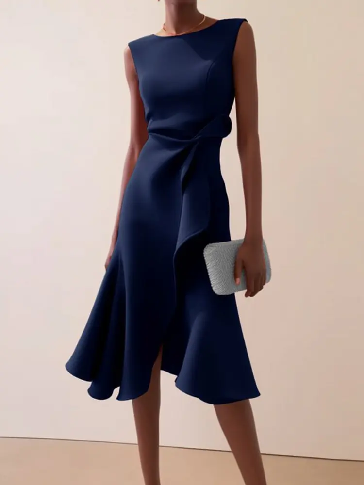 Elegant Evening Dress for Women Sleeveless Ruffle Hem Bowknot Split Solid Casual Round Neck Vintage Slim Female Summer Dresses