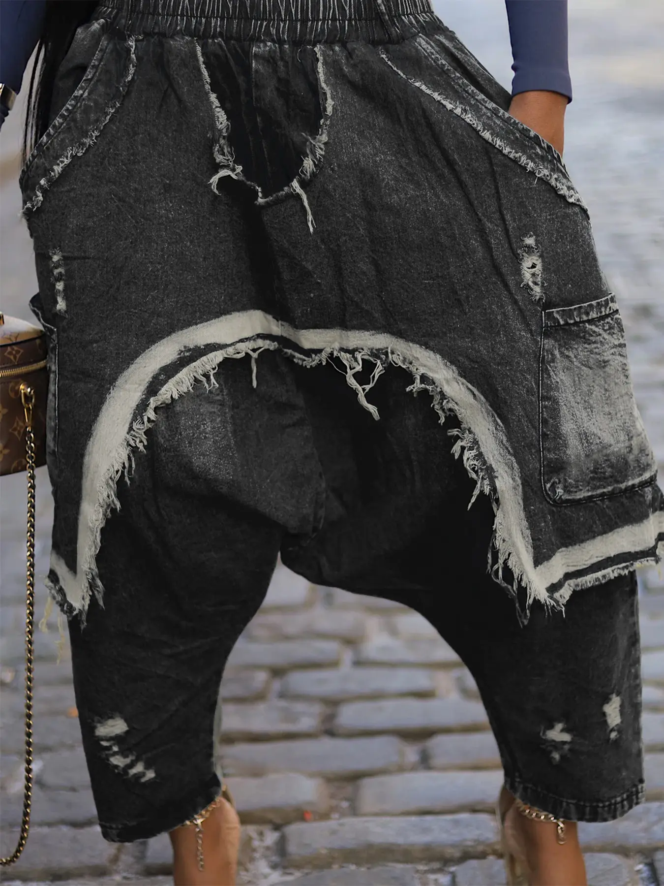 Women Harem Jeans with Brushed Holes High Street Pockets Denim Trousers Vintage Casual Elastic Waist Jeans for Women's