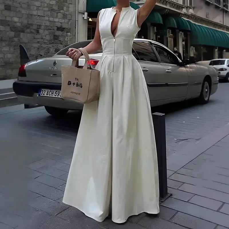 Women Sexy Zipper Fly Jumpsuit Sleeveless High Waist Wide Leg Casual Streetwear Vintage Solid Minimalist Summer Romper Outfits