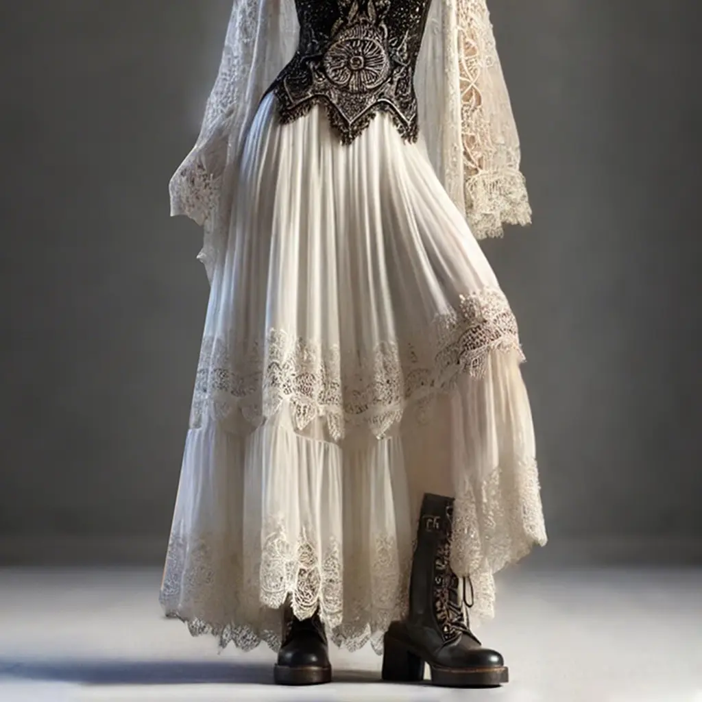 Women's Lace Pleated A-Line Skirt High Waist Irregular Hem Boho Chic Ethnic Vintage White Y2K Skirts