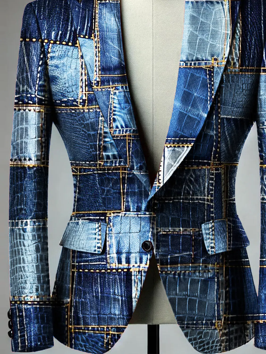 Women's Jacket Denim Print Peaked Lapel Collar Two Button Blazer Office Lady Long Sleeve Vintage Casual Outerwear for Autumn