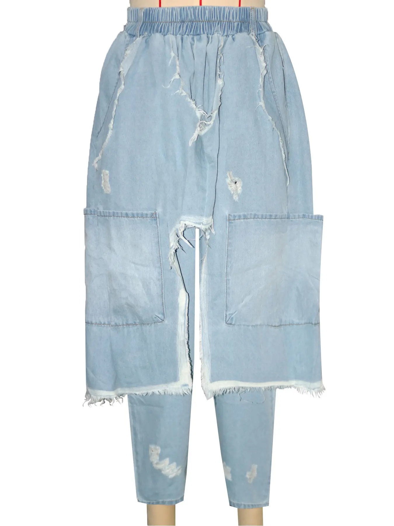 Women Harem Jeans with Brushed Holes High Street Pockets Denim Trousers Vintage Casual Elastic Waist Jeans for Women's