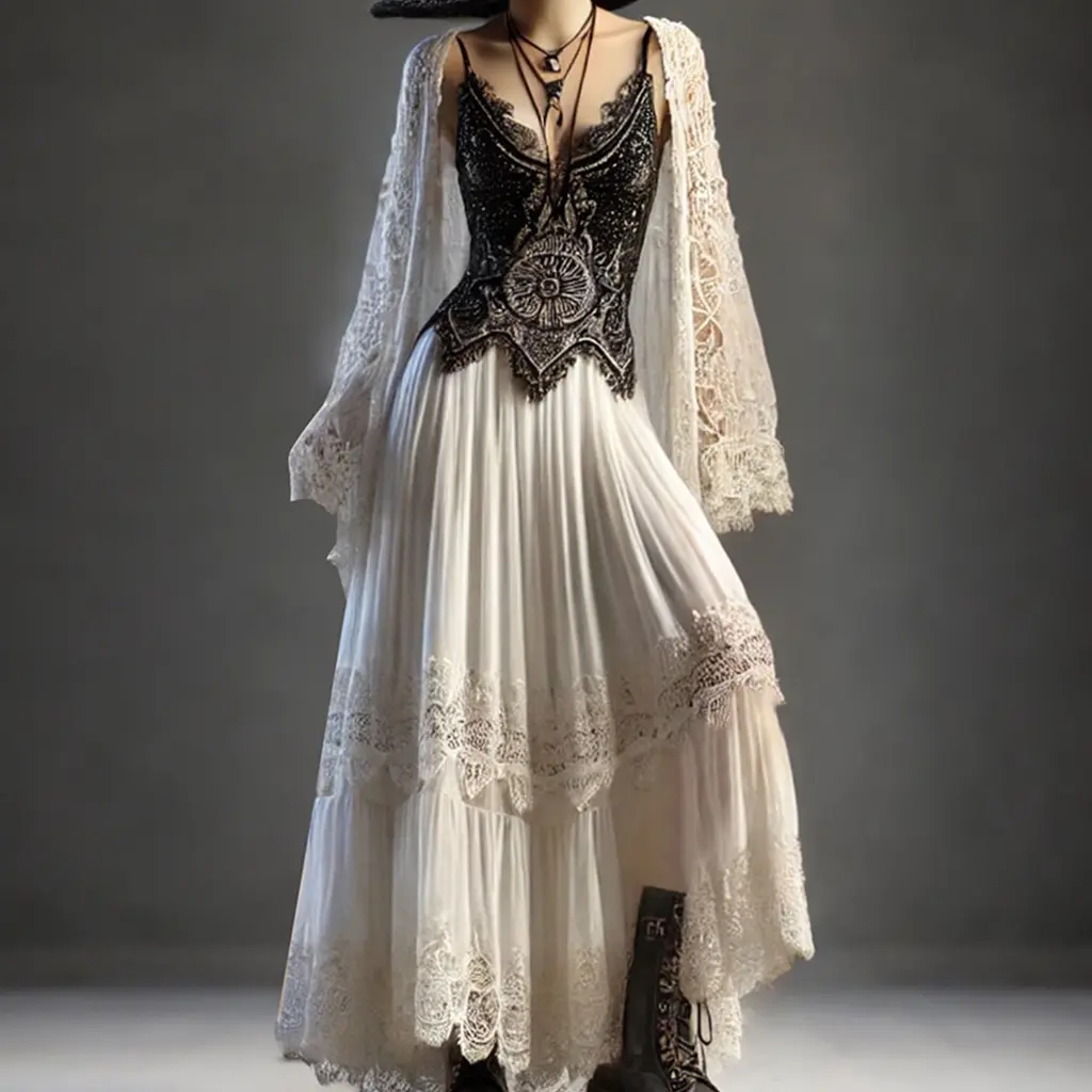 Women's Lace Pleated A-Line Skirt High Waist Irregular Hem Boho Chic Ethnic Vintage White Y2K Skirts