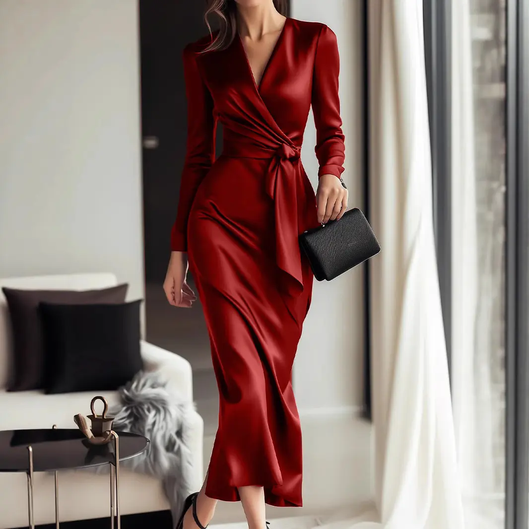 Elegant Silk Luxury Dress for Women's Long Sleeve Knot Ruched Sexy V-neck Wedding Guest Slim Party Evening Midi Dresses