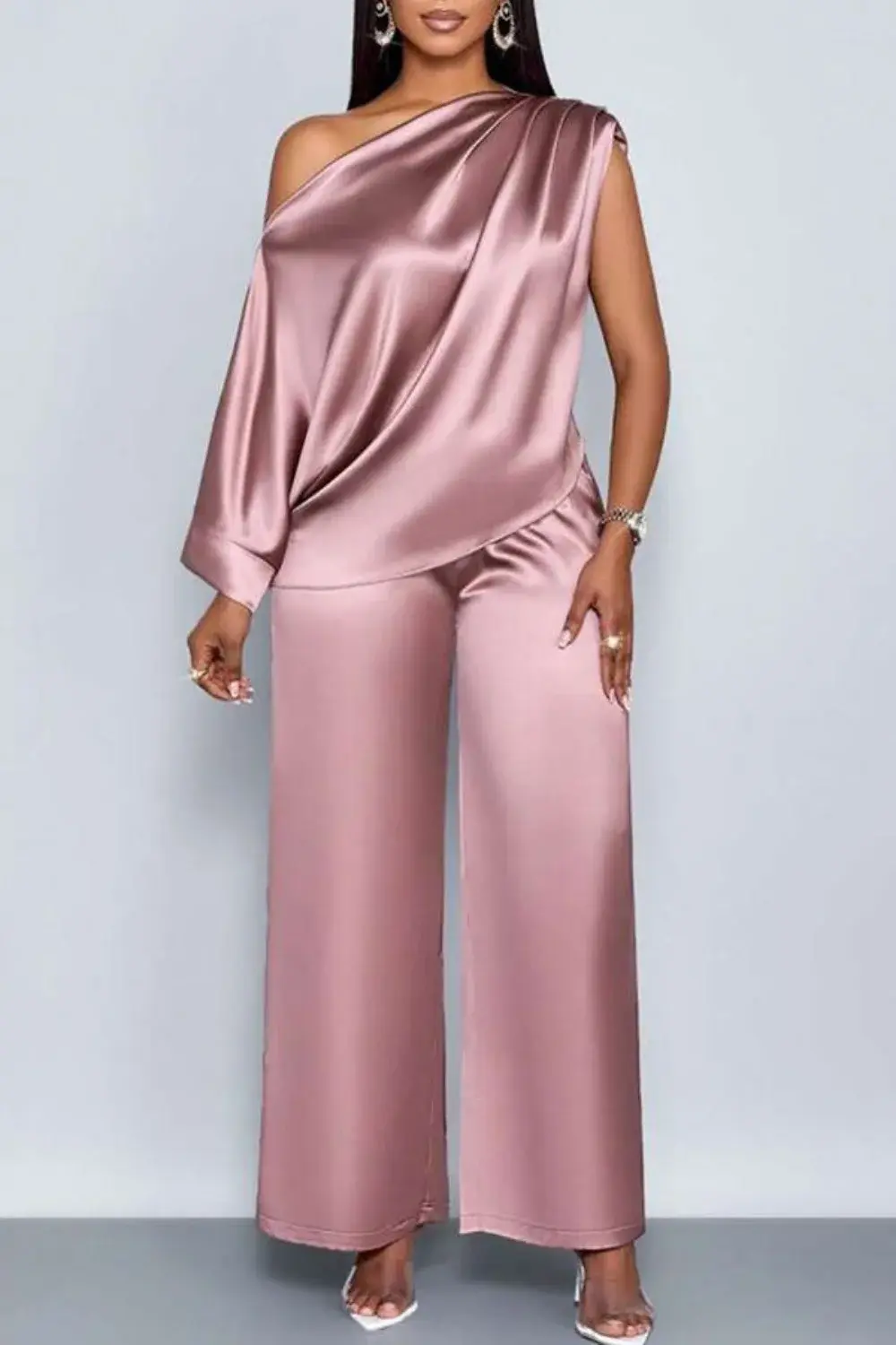 Women Plus Size Business Casual Pink Elegant Oblique Collar Short Sleeve Pocket Satin One Sleeve Two Piece Pant Sets