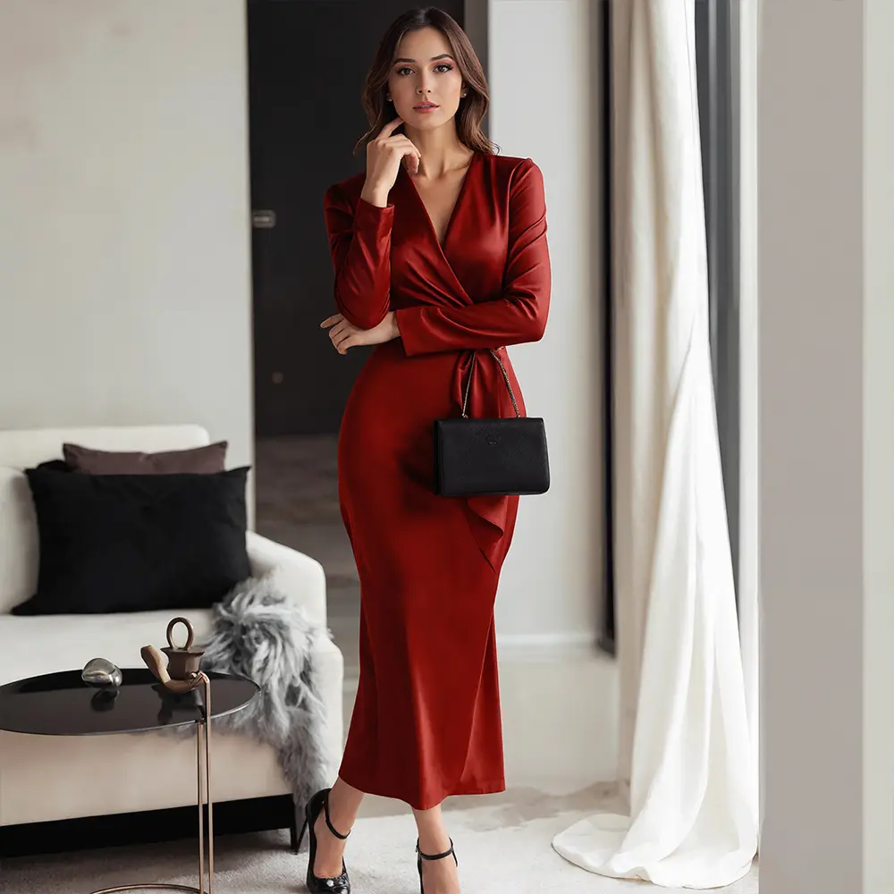 Elegant Silk Luxury Dress for Women's Long Sleeve Knot Ruched Sexy V-neck Wedding Guest Slim Party Evening Midi Dresses