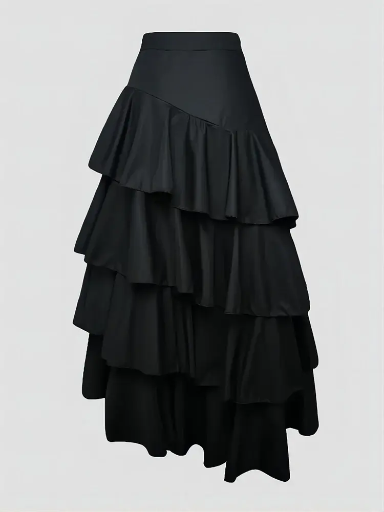 Women's High Waist Layered Ruffle Maxi Cake Skirt Elegant Party Wedding Guest Y2K Solid Vintage Black Solid A Line Skirts