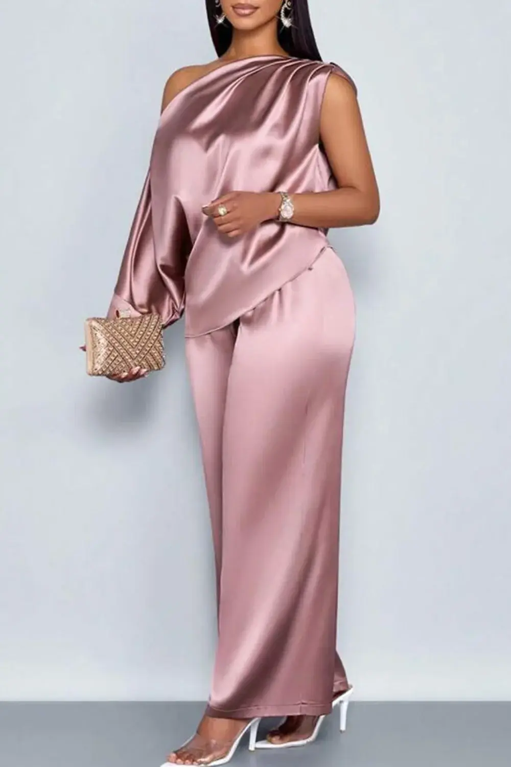 Women Plus Size Business Casual Pink Elegant Oblique Collar Short Sleeve Pocket Satin One Sleeve Two Piece Pant Sets