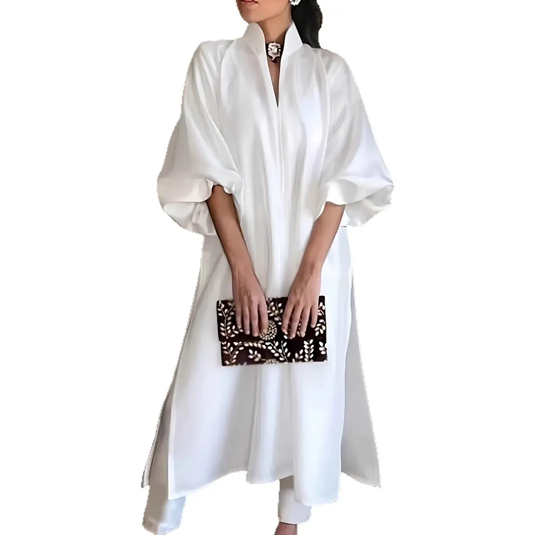 Women Elegant V-Neck Dress Lanter Sleeve Split Hem Solid Elegant  Sweet Casual Loose A-Line Stand Collar Midi Dress for Women's