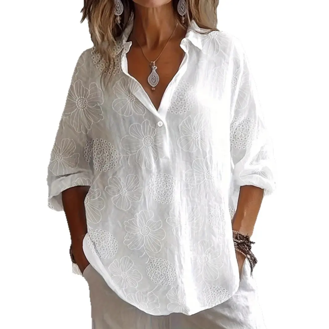 Women's Blouse Floral Hollow Out Long Sleeve Turn Down Collar White Button Casual Vintage Minimalist Blouse Shirt Tops Autumn