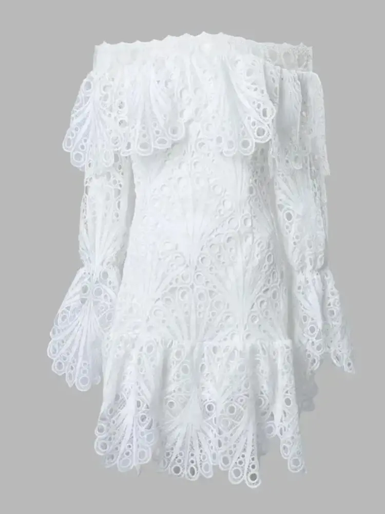 Plus Size Dress Women Party Sweet Elegant Off Shoulder Hollow Out Long Sleeve Mini Dresses Wholesale Dropshipping 2025