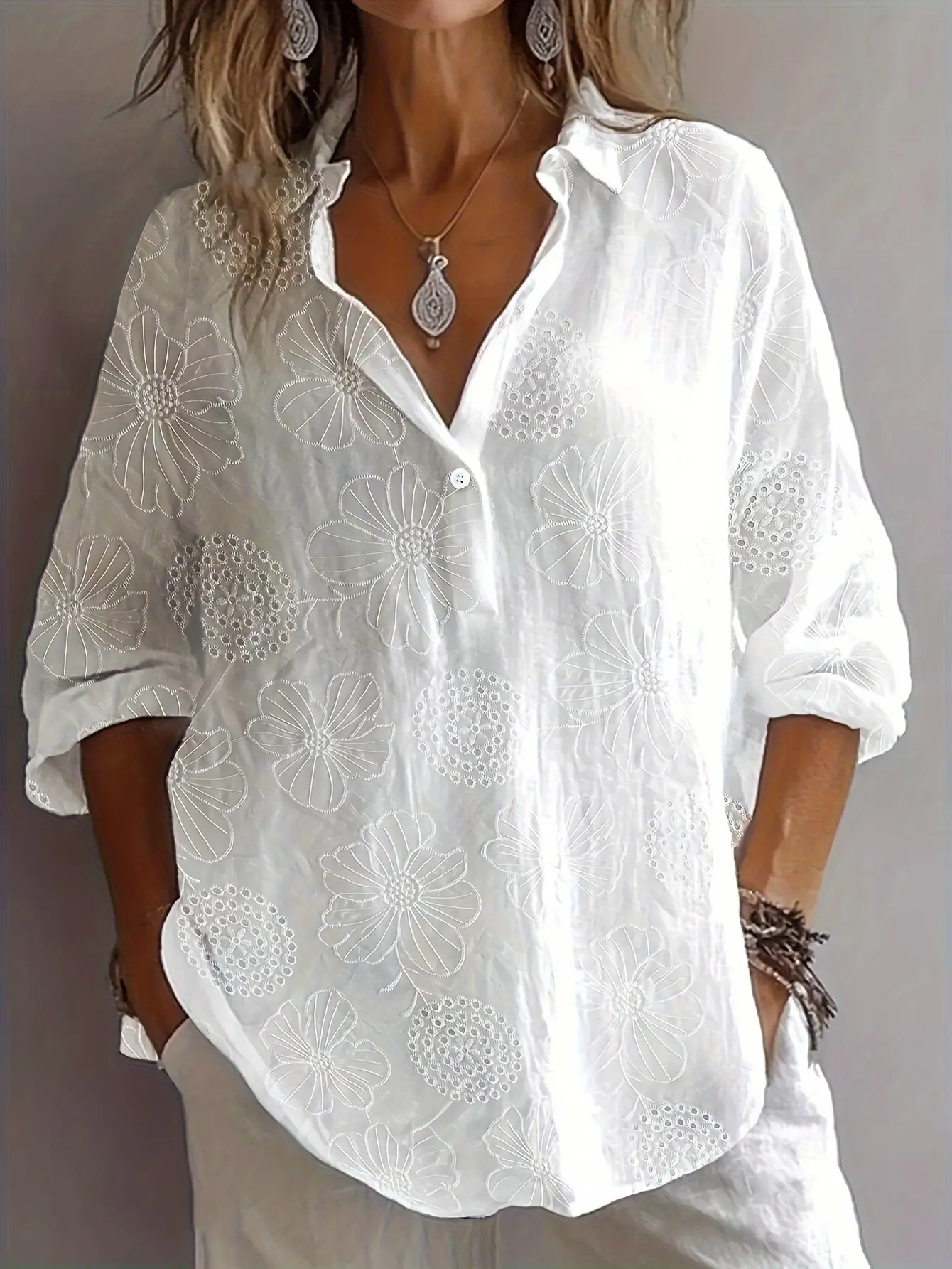 Women's Blouse Floral Hollow Out Long Sleeve Turn Down Collar White Button Casual Vintage Minimalist Blouse Shirt Tops Autumn