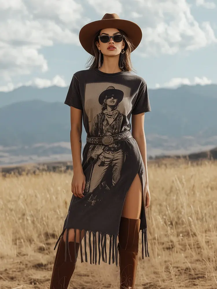 Women's Dress Short Sleeve Round Neck Split Hem Fringe Anime Printed Midi Dress Summer Y2K Streetwear American Retro Dress