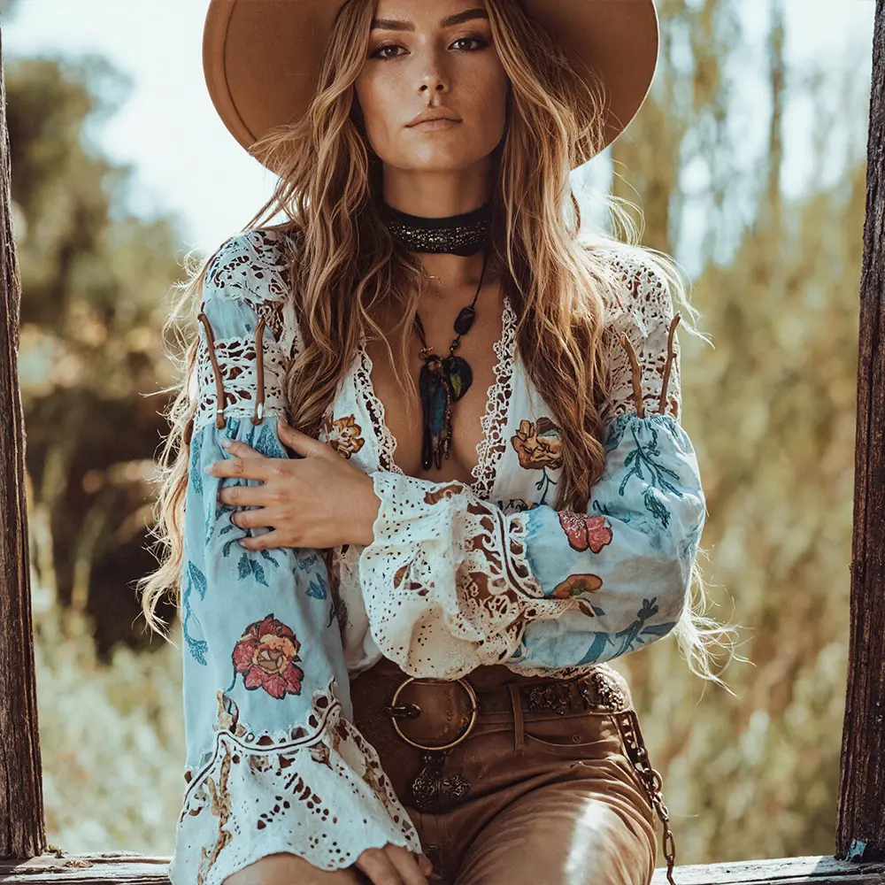 Bohemain Blouse for Women Flare Sleeve Sexy V-Neck Lace Hem Retro Casual Floral Printed Lace-up Long Sleeve Blouse Tops 2025