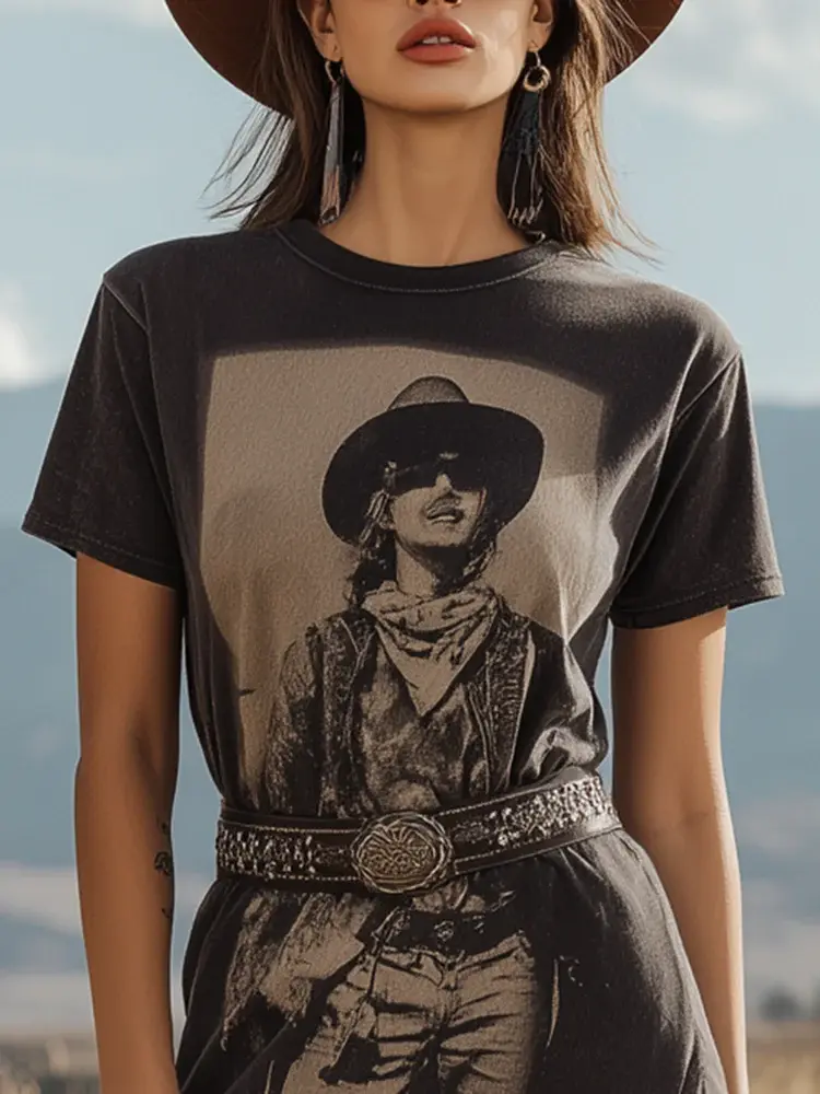 Women's Dress Short Sleeve Round Neck Split Hem Fringe Anime Printed Midi Dress Summer Y2K Streetwear American Retro Dress