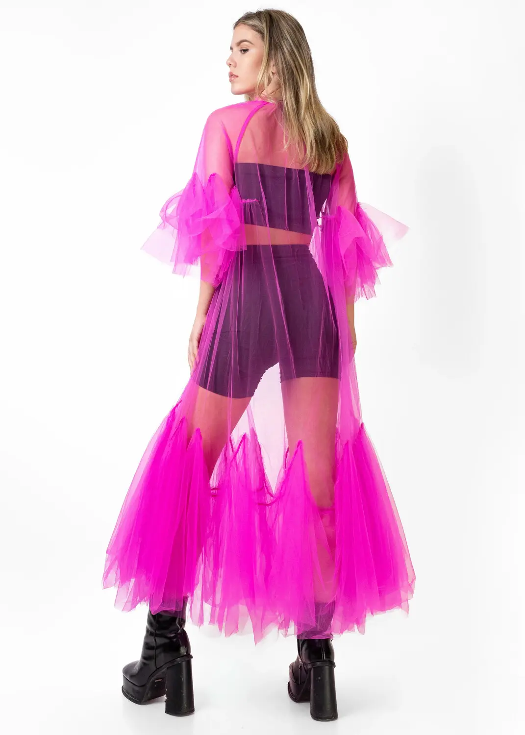 Women's Plus Size Dress Petal Sleeve Thin Mesh Sexy Elegant Ruffle Hem Dress Magenta Round Neck Pleated Tulle See-Through Dress
