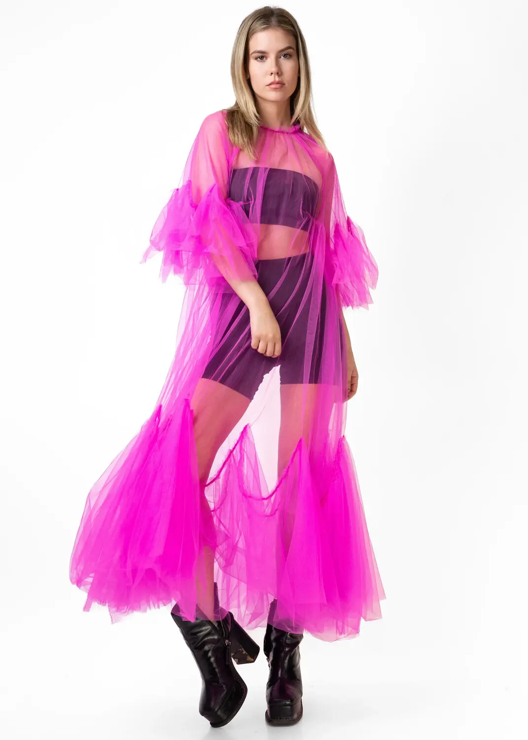 Women's Plus Size Dress Petal Sleeve Thin Mesh Sexy Elegant Ruffle Hem Dress Magenta Round Neck Pleated Tulle See-Through Dress