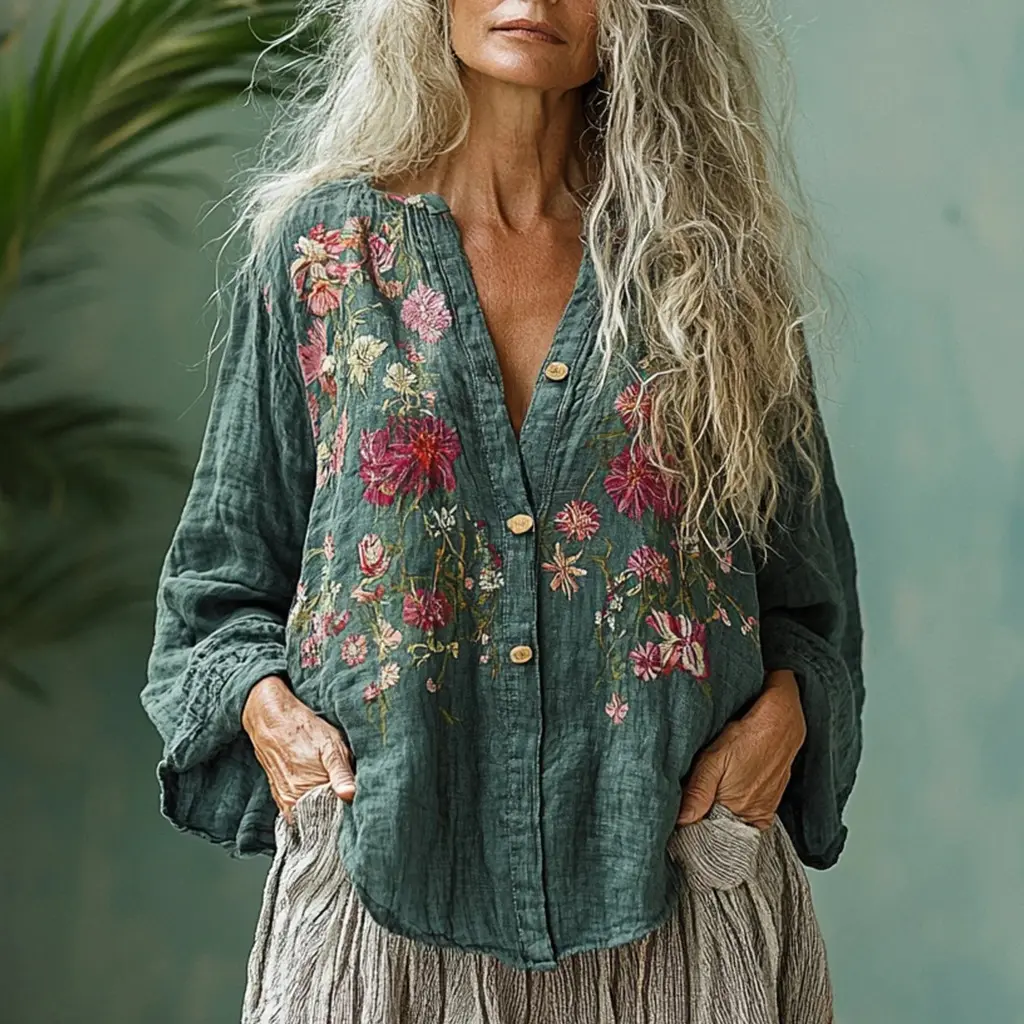 Ethnic Floral Printed Blouse Single Breasted V-Neck Long Sleeve American Retro Casual Bohemian Harajuku Shirt Vintage Blouse