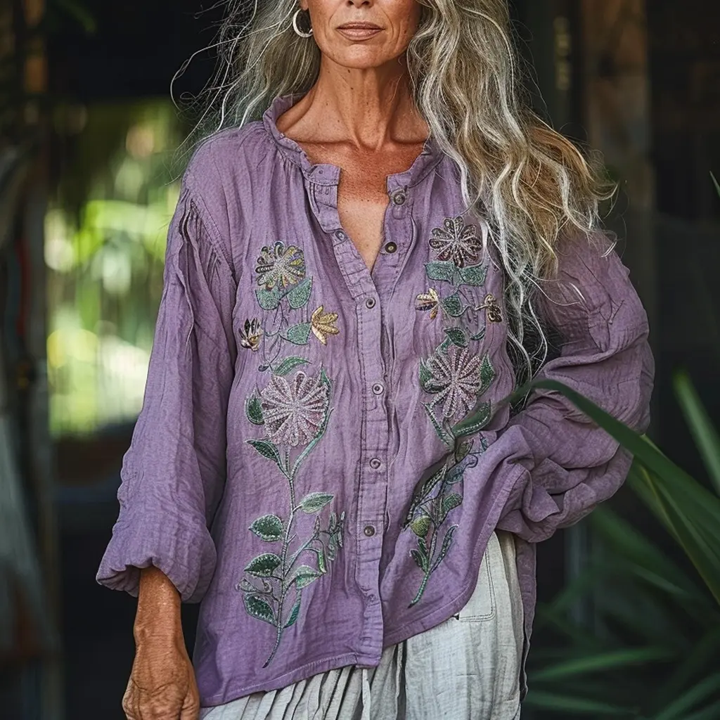 Ethnic Floral Printed Blouse Single Breasted V-Neck Long Sleeve American Retro Casual Bohemian Harajuku Shirt Vintage Blouse