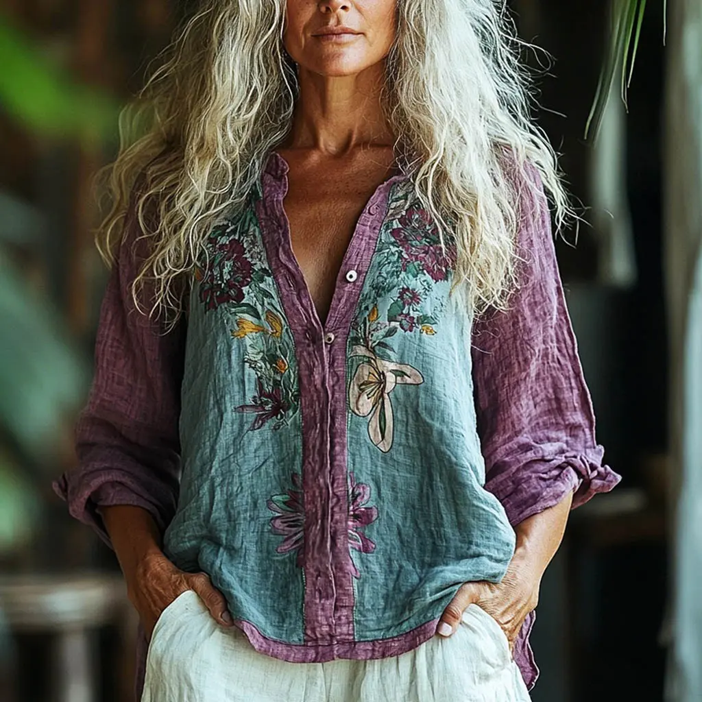 Ethnic Floral Printed Blouse Single Breasted V-Neck Long Sleeve American Retro Casual Bohemian Harajuku Shirt Vintage Blouse