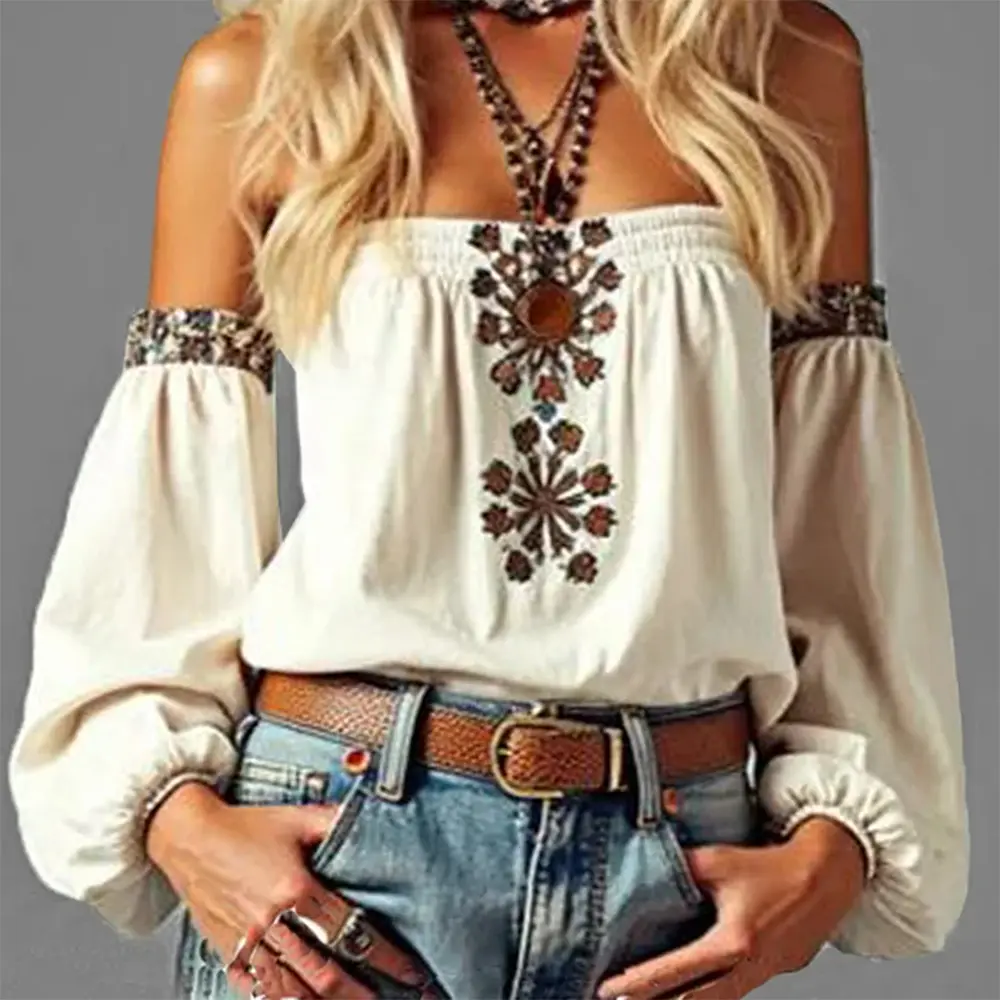 Bohemia Floral Printed Blouse Shirts for Women off the Shoulder Chic Ethnic Retro Long Sleeve Elastic Strapless Sexy Casual Tops