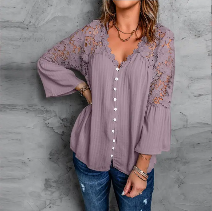 Women Hollow Out Shirts Guipure Lace Patchwork Flare Sleeve V Neck Button Blouse Casual Vintage Single Breated Tops for Autumn