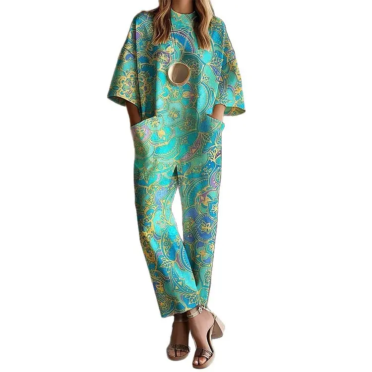 Floral Printed Jumpsuit for Women Loose Round Neck Half Sleeve Straight Pant Jumpsuit Casual Vintage Rompers Outfit 2025