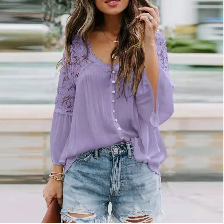 Women Hollow Out Shirts Guipure Lace Patchwork Flare Sleeve V Neck Button Blouse Casual Vintage Single Breated Tops for Autumn