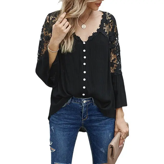 Women Hollow Out Shirts Guipure Lace Patchwork Flare Sleeve V Neck Button Blouse Casual Vintage Single Breated Tops for Autumn