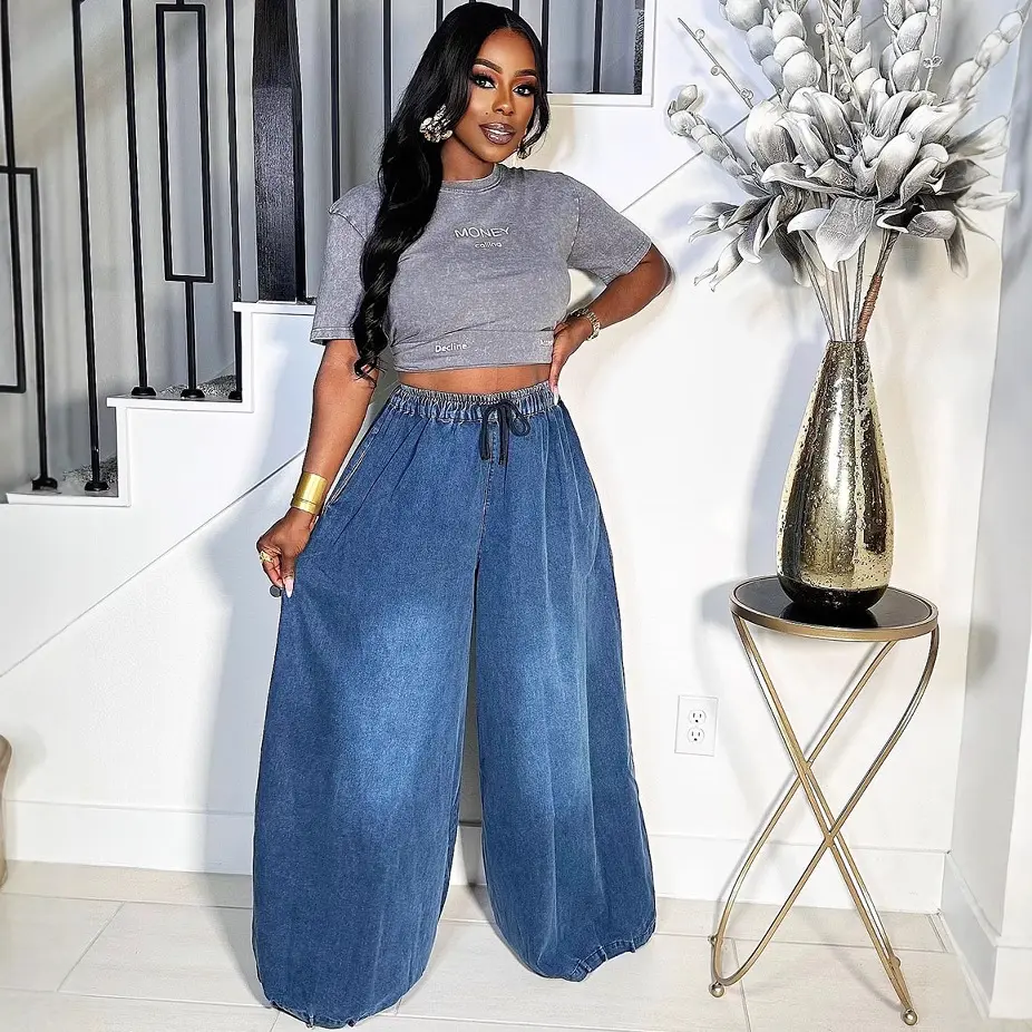 Women Wide Leg Pant Denim Jeans Drawstring High Waist Vintage Casual Loose Floor Length Denim Trousers High Street Jeans