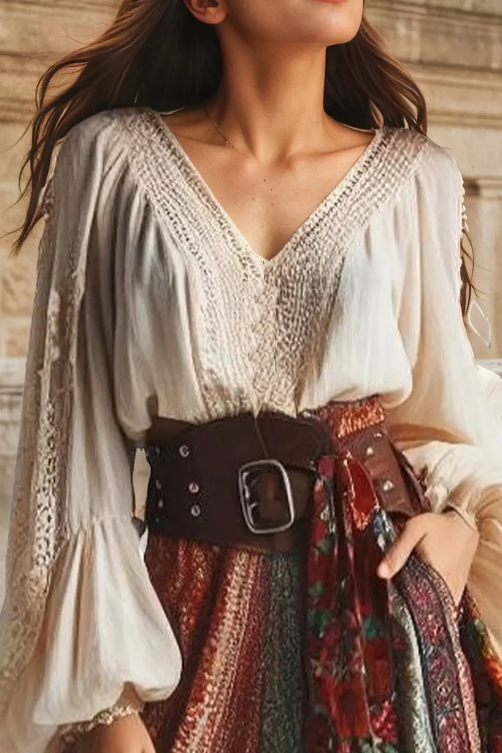 Women's Elegant Blouse Lantern Sleeve Sexy V-Neck Solid Vintage Chic Ethnic Sweet Boho Retro Shirts Hollow Out Lace Shirts