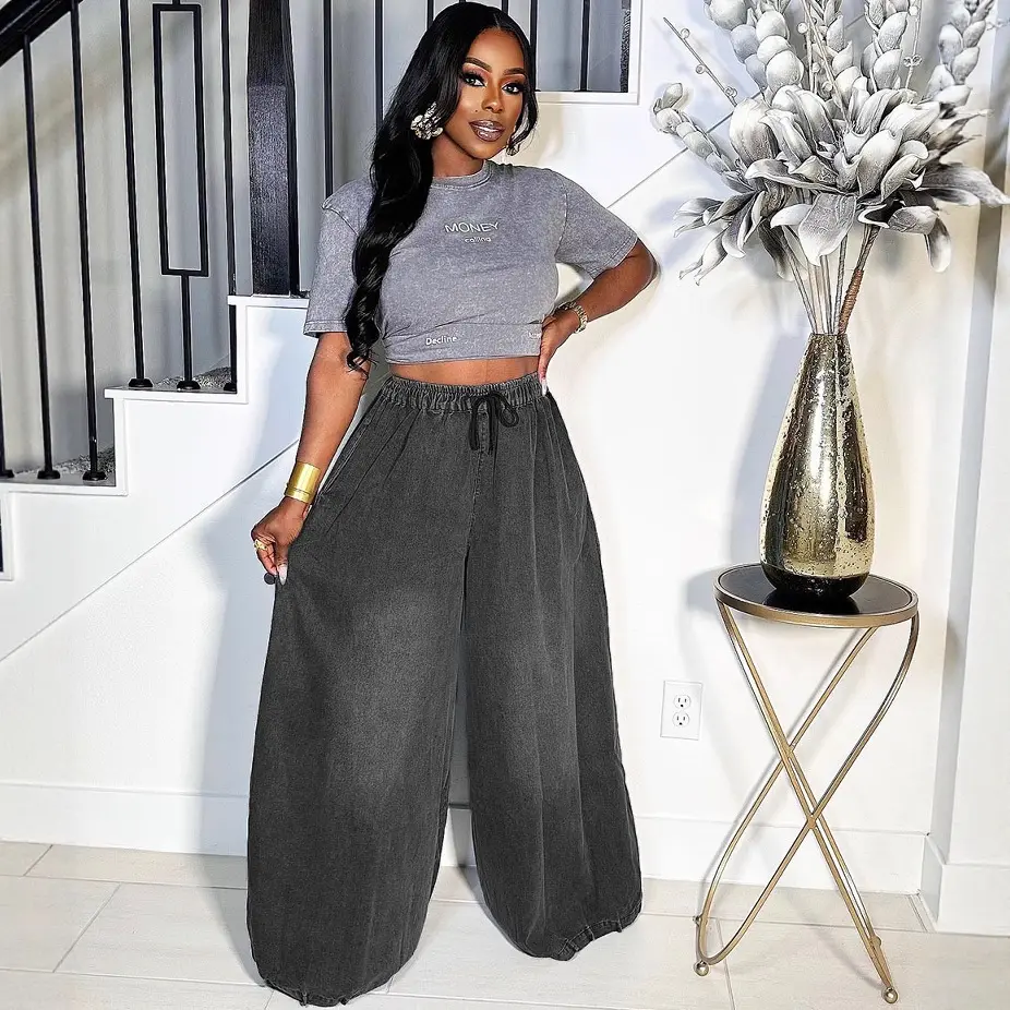 Women Wide Leg Pant Denim Jeans Drawstring High Waist Vintage Casual Loose Floor Length Denim Trousers High Street Jeans