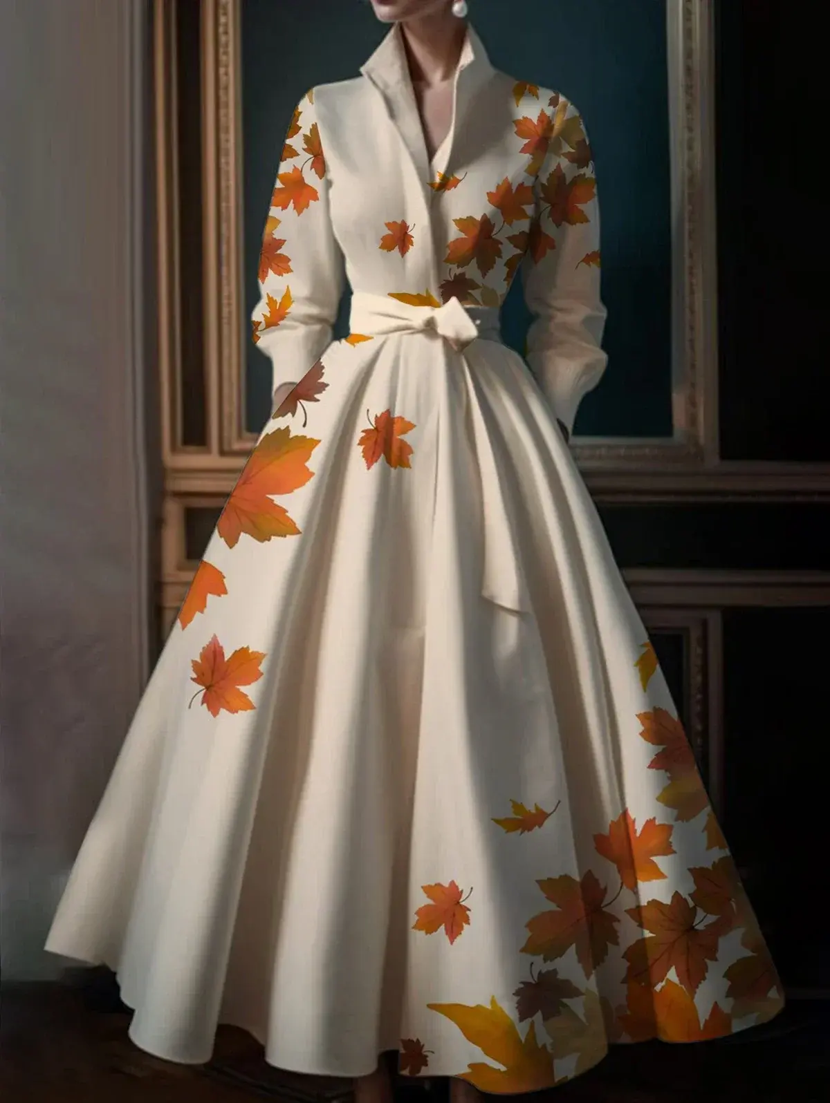 Women Elegant Shirt Dress with Belt Pleated A-Line Vintage Printing Fashion Autumn Evening Party Club Wedding Guest Dress 2024